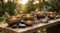 Tibetan singing bowls with burning incense on wooden table outdoors for meditation, sound therapy, and spiritual wellness practices in natural setting.