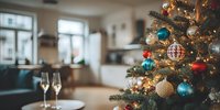 Decorated Christmas tree with colorful ornaments and lights in modern living room with champagne glasses creating festive holiday atmosphere.
