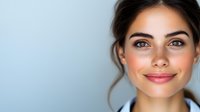 Young Mediterranean woman with natural makeup and glowing skin smiling warmly against light blue background, dark hair in casual updo style.