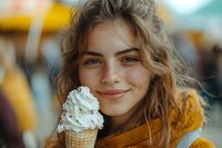 Young woman enjoying vanilla ice cream cone outdoors with warm smile and cozy orange sweater on sunny day.