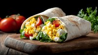 Fresh breakfast burrito with scrambled eggs, tomatoes and greens wrapped in tortilla on wooden cutting board ready for healthy morning meal.