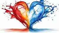 Red and blue liquid splashes forming heart shape with dynamic motion effect and paint splatters on white background, romantic artistic concept.