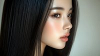 Young Asian woman with flawless skin and glossy black hair in profile view against neutral background, showing natural beauty makeup and serene expression.