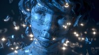 Futuristic digital woman face with glowing circuit patterns and flowing data streams in blue cyberpunk style for technology and AI concepts.