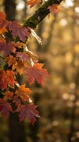 Vibrant autumn maple leaves in rich red and orange hues hanging from tree branch with warm golden bokeh background creating seasonal fall atmosphere.