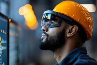 African American male construction engineer wearing orange hardhat and smart glasses examines digital interface display in modern industrial setting.