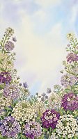 Watercolor floral frame with purple and white flowers, butterflies and bees on soft pastel background for spring wedding invitations and greeting cards.