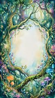 Watercolor enchanted forest frame with twisted tree branches, magical mushrooms and flowers creating oval border for fairy tale designs.