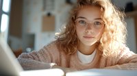 Young Caucasian woman with curly blonde hair and glasses wearing cozy pink sweater smiles while working or studying at home in soft natural window light.
