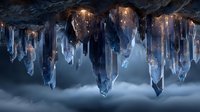 Dramatic icicles hanging from cave ceiling with atmospheric lighting and misty fog creating mystical winter landscape for seasonal designs.
