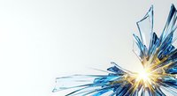 Shattered glass fragments with golden light burst effect isolated on white background, suitable for design projects, digital art, and creative compositions.