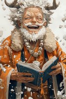 Elderly Asian man with horns and white beard wearing orange traditional robe laughs while reading book. Mystical fantasy character with ornate necklace in winter scene.