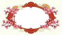 Ornate Chinese New Year frame with cherry blossoms and traditional red gold decorative elements on white background for festive greeting cards.