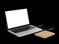 Laptop computer with blank screen, smartphone, and notebook isolated on transparent background, ready for mockup designs, t-shirt graphics, print-on-demand products, and digital artwork applications.