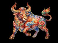 Colorful ornate bull with floral and swirl patterns, isolated on transparent background, ready for t-shirt design, stickers, clipart, and print on demand use.