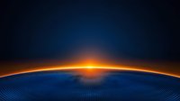 Futuristic digital horizon with glowing orange sunrise over curved circuit pattern surface. Abstract technology landscape with blue and gold light effects.