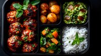 Asian style meatballs in sweet chili sauce with steamed rice, fresh salad and mandarin oranges in black bento box lunch container. Meal prep concept.