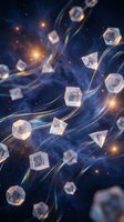 Floating transparent geometric shapes with golden light trails in deep blue cosmic space for digital art and futuristic design projects.
