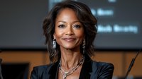 Professional African American woman with confident smile wearing black blazer and elegant jewelry against blurred business presentation background.