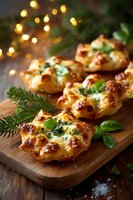 Festive cheese pastries with herbs on wooden board, holiday lights glowing in background for seasonal entertaining.