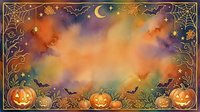 Halloween autumn frame with jack-o-lantern pumpkins, bats, spider webs, crescent moon and stars on watercolor background for seasonal greeting cards.