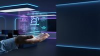 Businessman hand holding holographic digital interface with social media icons and network symbols in modern office environment with neon lighting.