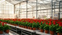 Commercial greenhouse interior with rows of vibrant red flowering plants in terracotta pots on metal benches under glass roof structure for agriculture.