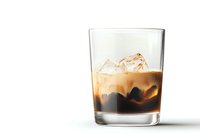 Creamy coffee cocktail with ice cubes in glass on white background, cold brew or coffee liqueur drink with layered effect and soft shadows.