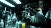 Laboratory scientist in protective gloves examining clear liquid sample in glass vial against dark background with scientific equipment and dramatic lighting.