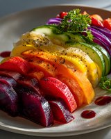 Colorful vegetable dish with sliced beets, bell peppers, zucchini, and herbs arranged in rainbow pattern on ceramic plate with sauce drizzle.