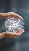 Hands protecting glowing neural network with mental acuity text, representing cognitive enhancement, brain training, and intellectual development concepts.