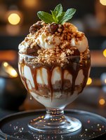 Decadent ice cream sundae with chocolate sauce drips, crushed nuts, chocolate truffles and fresh mint garnish in elegant glass, against blurred bokeh lights background.