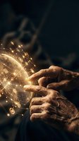 Elderly hands holding glowing digital sphere with floating icons and light effects representing technology connection and innovation in dark atmosphere.