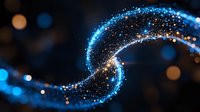 Glowing spiral of luminous blue particles with bokeh effect on dark background creates magical cosmic atmosphere. Suitable for technology and science designs.