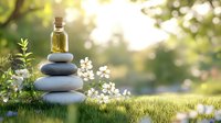 Balanced zen stones with essential oil bottle and white flowers on green grass in morning sunlight. Wellness and aromatherapy concept for spa background.