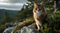 Majestic long-haired tabby cat sitting on rocky mountain ledge against dramatic landscape background, perfect for wildlife and pet photography.