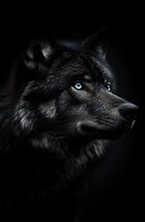 Dramatic portrait of a dark wolf with piercing blue eyes against black background, side view showing detailed fur texture and noble profile. Suitable for wildlife art.