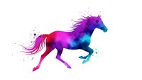 Colorful watercolor unicorn silhouette in vibrant pink purple and blue hues galloping with flowing mane and tail isolated on white background.