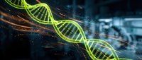 Glowing green DNA double helix structure with digital particles and light effects in futuristic laboratory background for biotechnology research.