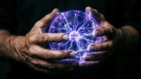 Hands holding glowing plasma ball with electric purple energy arcs on dark background, suitable for science, technology, magic, and mystical design projects.