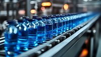 Blue plastic bottles on automated production line conveyor belt in beverage factory. Industrial manufacturing process with selective focus and bokeh lighting effects.