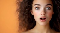 Young woman with natural curly dark hair and expressive green eyes showing surprised emotion against orange background, beauty and fashion portrait in studio.