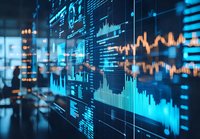 Financial data visualization with glowing blue charts, graphs and stock market indicators on digital display screens in modern trading room environment.