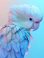 Close-up profile of white cockatoo with blue eye and layered feathers against pastel background, soft pink and blue color palette creates dreamy atmosphere.