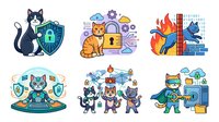 Cybersecurity protection concept with cat mascot, padlock shield, and digital safety icons for online security awareness and data protection campaigns.