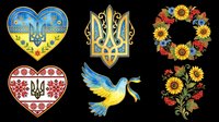 Ukrainian folk art clipart set with trident symbols, floral wreaths, dove, and sunflowers, isolated on transparent background, ready for stickers, sublimation, and t-shirt design.
