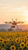 Agricultural drone hovering above sunflower field at golden hour sunset, equipped with spray system for crop treatment and monitoring. Precision farming technology.