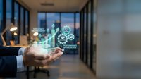 Business professional displaying holographic efficiency optimization and performance management icons in modern office environment with digital transformation concept.