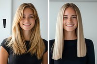 Before and after comparison of blonde hair transformation showing natural layered style versus sleek straight platinum blonde cut with blunt ends. Young woman in black top.