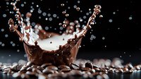Dramatic splash of liquid chocolate with coffee beans on dark background, frozen motion photography capturing droplets and crown-like formation in rich brown tones.